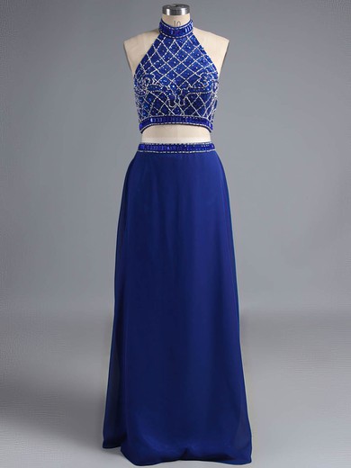 Halter Backless Royal Blue Tulle Silk-like Satin Beading Two-pieces Prom Dress #ZPUKM020101379