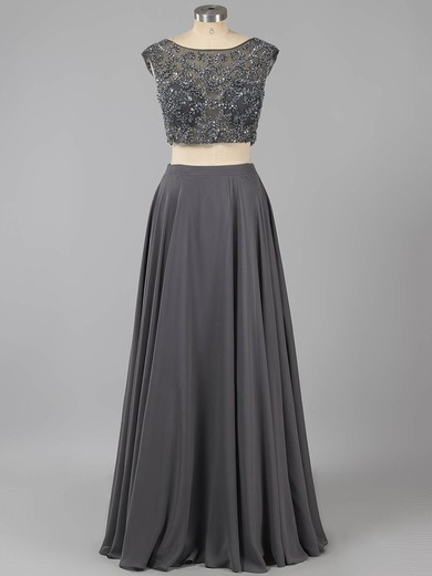 A-line Scoop Neck Chiffon Tulle Floor-length Beading Prom Dresses #ZPUKM020101468