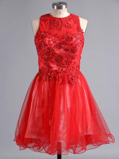 Open Back A-line Scoop Neck Lace Tulle Short/Mini Beading Red Prom Dresses #ZPUKM02019171