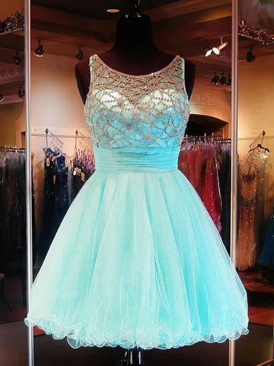 A-line Scoop Neck Tulle Cut Out Prom Dresses With Beading #UKM020102911
