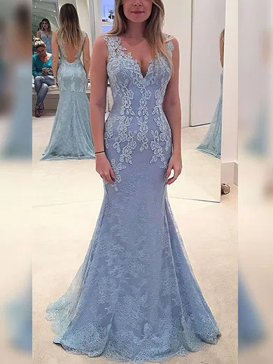 Trumpet/Mermaid V-neck Lace Sweep Train Appliques Lace Prom Dresses #UKM020102866