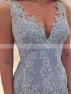 Trumpet/Mermaid V-neck Lace Sweep Train Appliques Lace Prom Dresses #UKM020102866