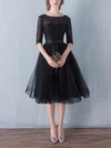 Black A-line Scoop Neck Lace Tulle Knee-length Sashes / Ribbons 1/2 Sleeve Simple Short Prom Dresses #UKM020102872