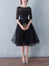 Black A-line Scoop Neck Lace Tulle Sashes / Ribbons Knee-length 1/2 Sleeve Simple Prom Dresses #UKM020102872