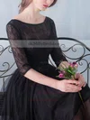 Black A-line Scoop Neck Lace Tulle Sashes / Ribbons Knee-length 1/2 Sleeve Simple Prom Dresses #UKM020102872