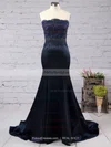 Trumpet/Mermaid Strapless Satin Sweep Train Appliques Lace Prom Dresses #UKM020102860