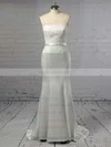 Trumpet/Mermaid Strapless Satin Sweep Train Appliques Lace Prom Dresses #UKM020102860