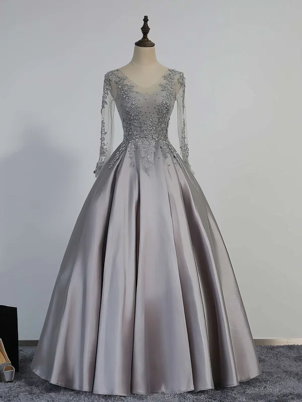 Ball Gown V-neck Satin Tulle Modest Prom Dresses With Appliques #UKM020102853