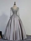 Ball Gown V-neck Satin Tulle Modest Prom Dresses With Appliques #UKM020102853