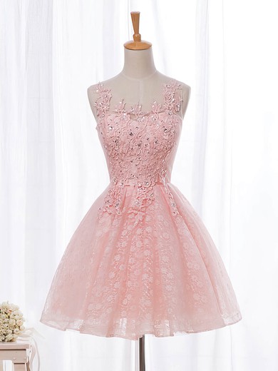 A-line Scoop Neck Lace Tulle Short/Mini Beading Pretty Short Prom Dresses #UKM020102854