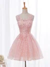 A-line Scoop Neck Lace Tulle Short/Mini Beading Pretty Short Prom Dresses #UKM020102854