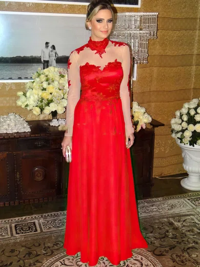 A-line High Neck Chiffon Floor-length Appliques Lace Prom Dresses #UKM020102880