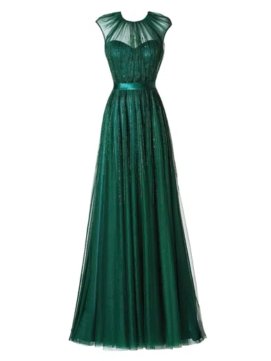 Ball Gown Illusion Floor-length Tulle Prom Dresses With Beading #UKM020102882