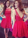 Short/Mini Tulle with Applique Lace Scoop Neck Open Back Red Prom Dresses #UKM02019833