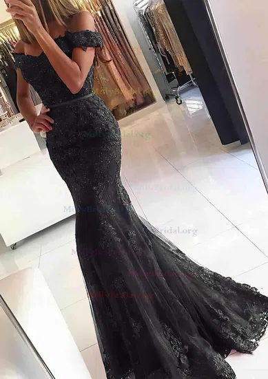 Trumpet Mermaid Floor length Off the shoulder Tulle Appliques Lace Prom Dresses MillyBridal