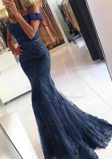 Appliques Tulle Trumpet Mermaid Off The Shoulder Prom Dress With Bow Appliques Tulle Trumpet Mermaid Off The Shoulder Prom Dress With Bow