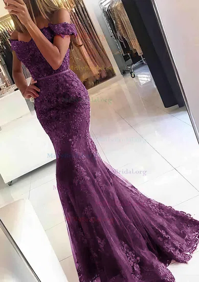 Appliques Tulle Trumpet Mermaid Off The Shoulder Prom Dress With Bow Appliques Tulle Trumpet Mermaid Off The Shoulder Prom Dress With Bow