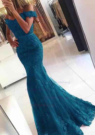 Tulle Sequin Blue Off The Shoulder Trumpet Mermaid Prom Dress