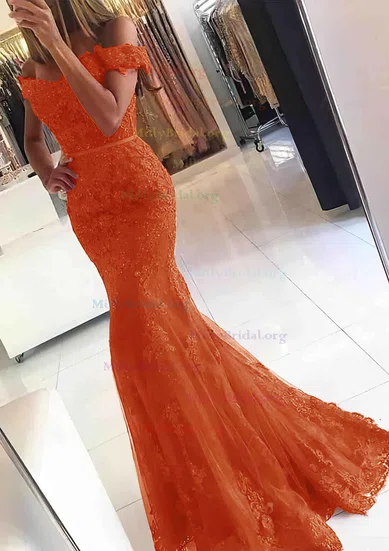 Appliques Tulle Trumpet Mermaid Off The Shoulder Prom Dress With Bow Appliques Tulle Trumpet Mermaid Off The Shoulder Prom Dress With Bow