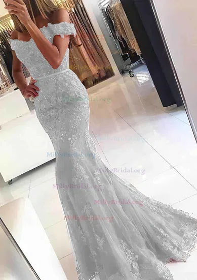 Trumpet Mermaid Floor length Off the shoulder Tulle Appliques Lace Prom Dresses MillyBridal