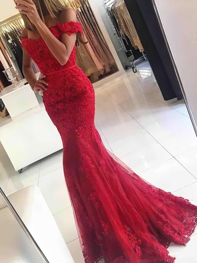 Trumpet/Mermaid Off-the-shoulder Tulle Floor-length Appliques Lace Prom Dresses #UKM020102938