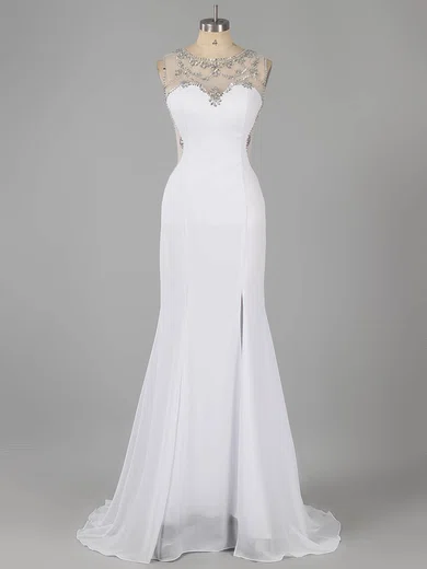 Sheath/Column Scoop Neck Chiffon Sweep Train Beading Prom Dresses #ZPUKM02015326