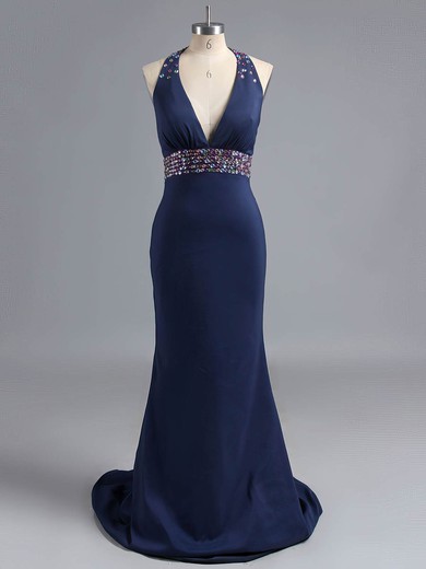 Trumpet/Mermaid V-neck Silk-like Satin Sweep Train Beading Prom Dresses #ZPUKM020101231