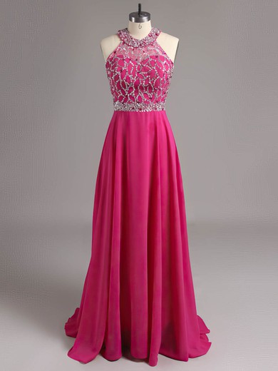 A-line Scoop Neck Chiffon Tulle Floor-length Beading Prom Dresses #ZPUKM020100944