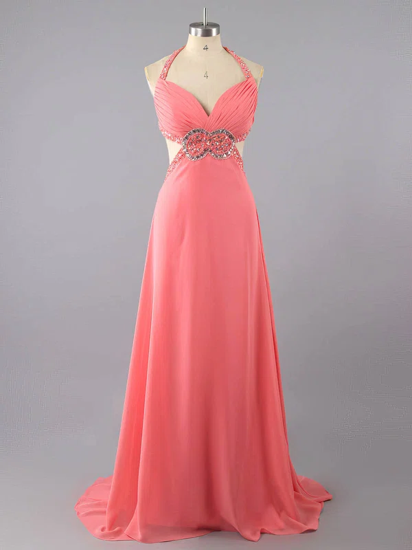 Empire V-neck Chiffon Sweep Train Crystal Detailing Prom Dresses #ZPUKM02016074