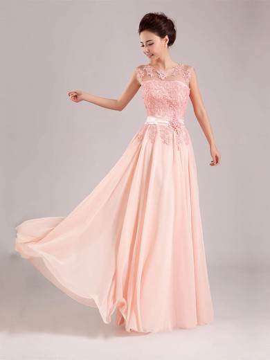 Affordable A-line Scoop Neck Chiffon Tulle Appliques Lace Pink Prom Dress #ZPUKM020101377