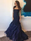 Trumpet/Mermaid Strapless Organza Appliques Lace Sweep Train Dark Navy Elegant Prom Dresses #UKM020102839