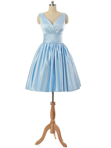 V-neck Light Sky Blue Satin Lace-up Pleats Short/Mini Prom Dresses #UKM020101795