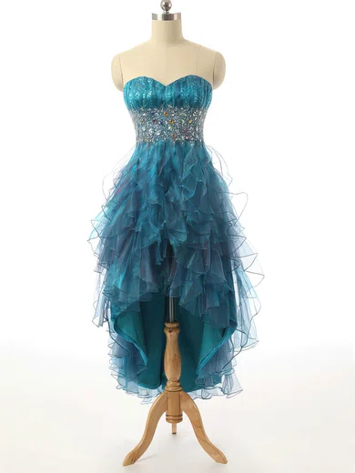 Ball Gown Strapless Tulle Ruffle Tiered Prom Dresses With Beading #UKM020101800