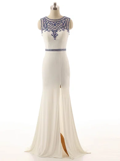Mermaid Illusion Chiffon Modest Prom Dresses With Beading #UKM020101807