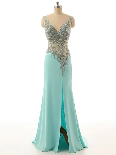 Sheath/Column V-neck Backless Chiffon Prom Dresses With Beading #UKM020101812