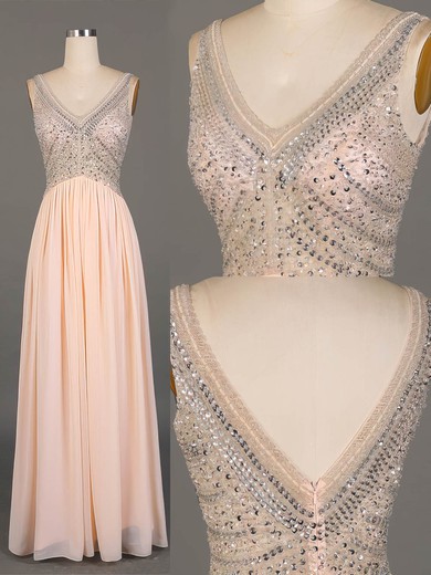 A-line V-neck Chiffon Floor-length Beading Prom Dresses #UKM020101819