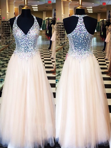 Princess V-neck Tulle Floor-length Crystal Detailing Prom Dresses #UKM020101835