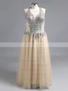 Princess V-neck Tulle Floor-length Crystal Detailing Prom Dresses #UKM020101835