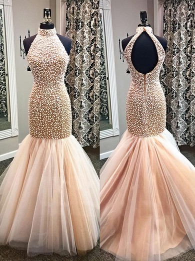Trumpet/Mermaid High Neck Tulle Sweep Train Pearl Detailing Prom Dresses #UKM020101846