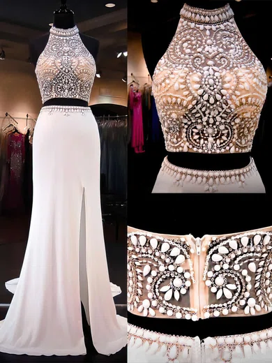 Mermaid High Neck Chiffon Two Piece Prom Dresses With Beading #UKM020101849