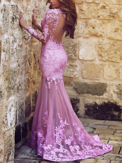 Trumpet/Mermaid Scoop Neck Tulle Sweep Train Appliques Lace Prom Dresses #UKM020101852