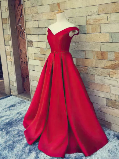 Ball Gown Satin Floor-length Off-the-shoulder Prom Dresses #UKM020101855