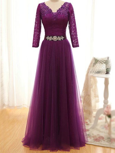 Ball Gown V-neck Lace Tulle Floor-length Beading Prom Dresses #UKM020101859