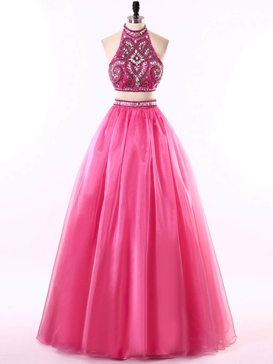 Ball Gown Halter Organza Floor-length Beading Prom Dresses #UKM020101860