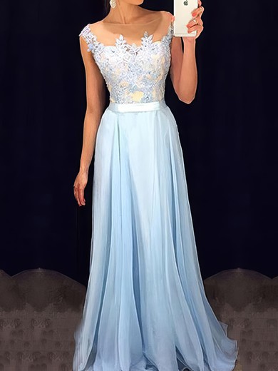 A-line Floor-length Scoop Neck Chiffon Appliques Lace Prom Dresses #UKM020101989