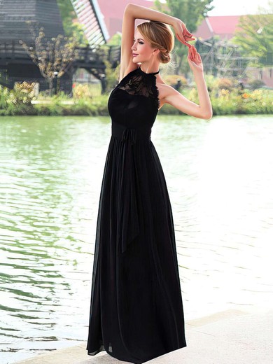 A-line Halter Chiffon Floor-length Lace Prom Dresses #UKM020102836
