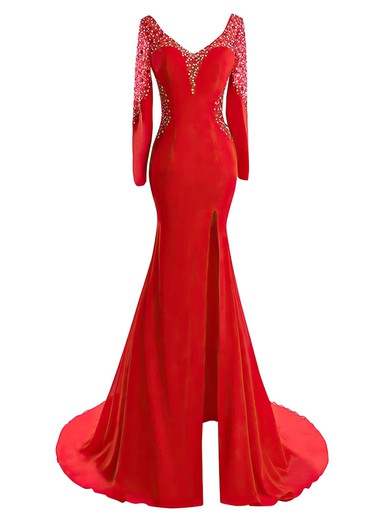 Trumpet/Mermaid V-neck Tulle Silk-like Satin Beading Sweep Train Red Long Sleeve Online Prom Dresses #UKM020102826