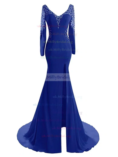 Royal blue long outlet sleeve mermaid prom dress