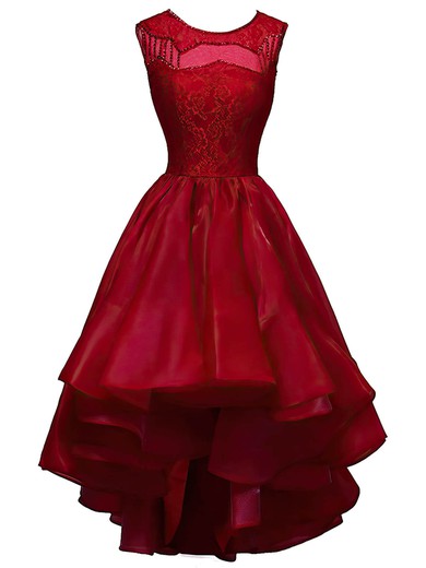 Latest A-line Scoop Neck Organza Lace with Sequins Asymmetrical Burgundy Prom Dresses #UKM020102825