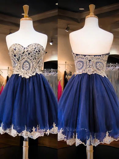 A-line Strapless Tulle Prom Dresses With Appliques #UKM020102037